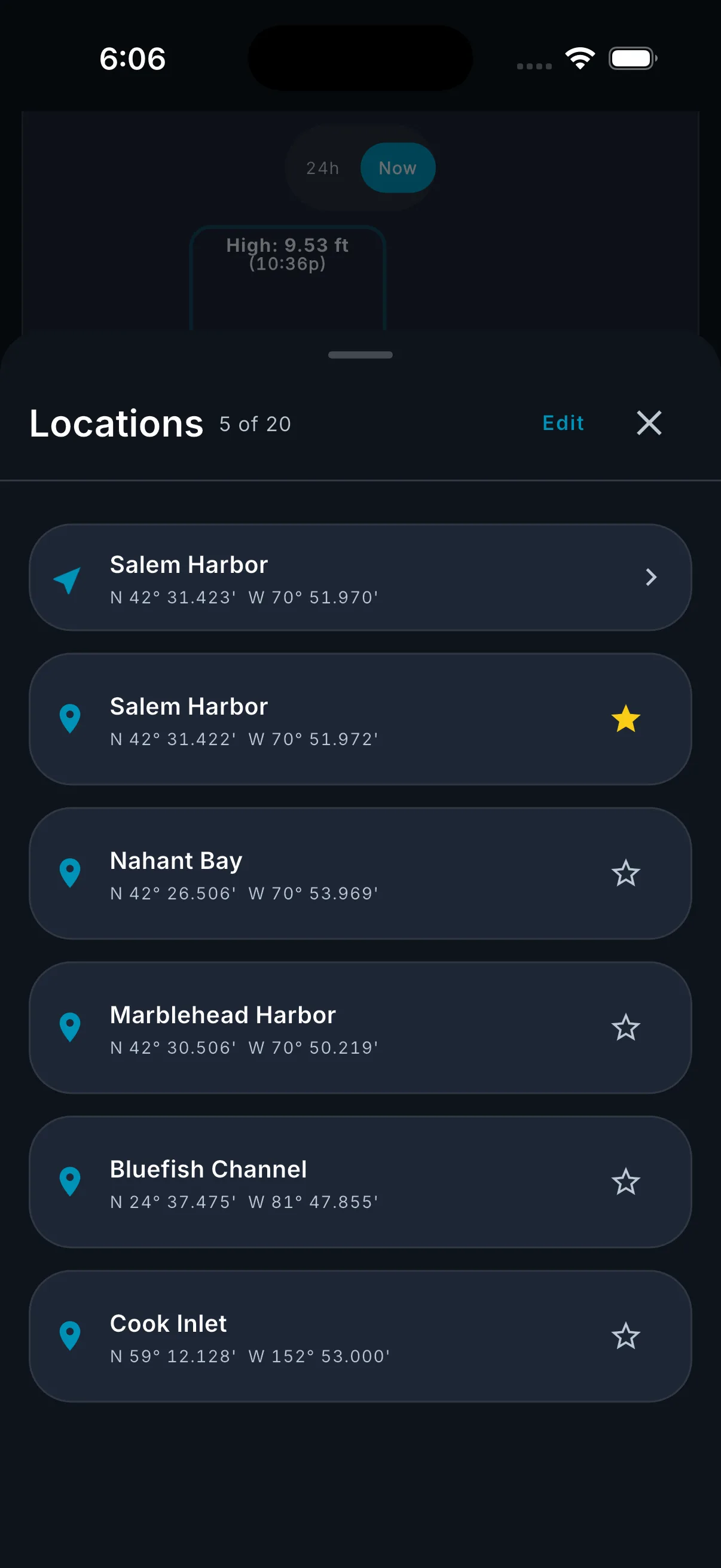 Waypoint drawer showing saved locations with reorder and edit options.
