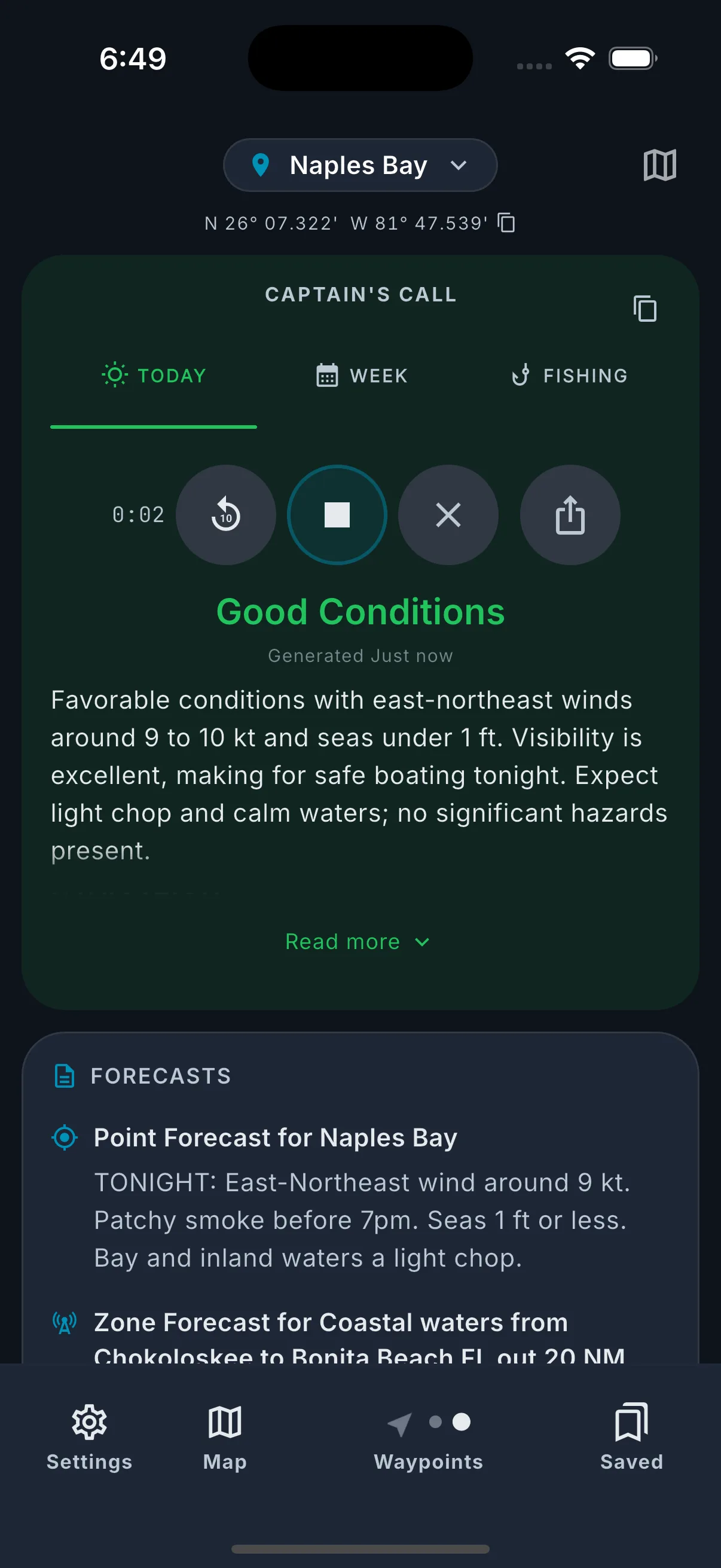 Audio player with play/pause, rewind, and share controls.
