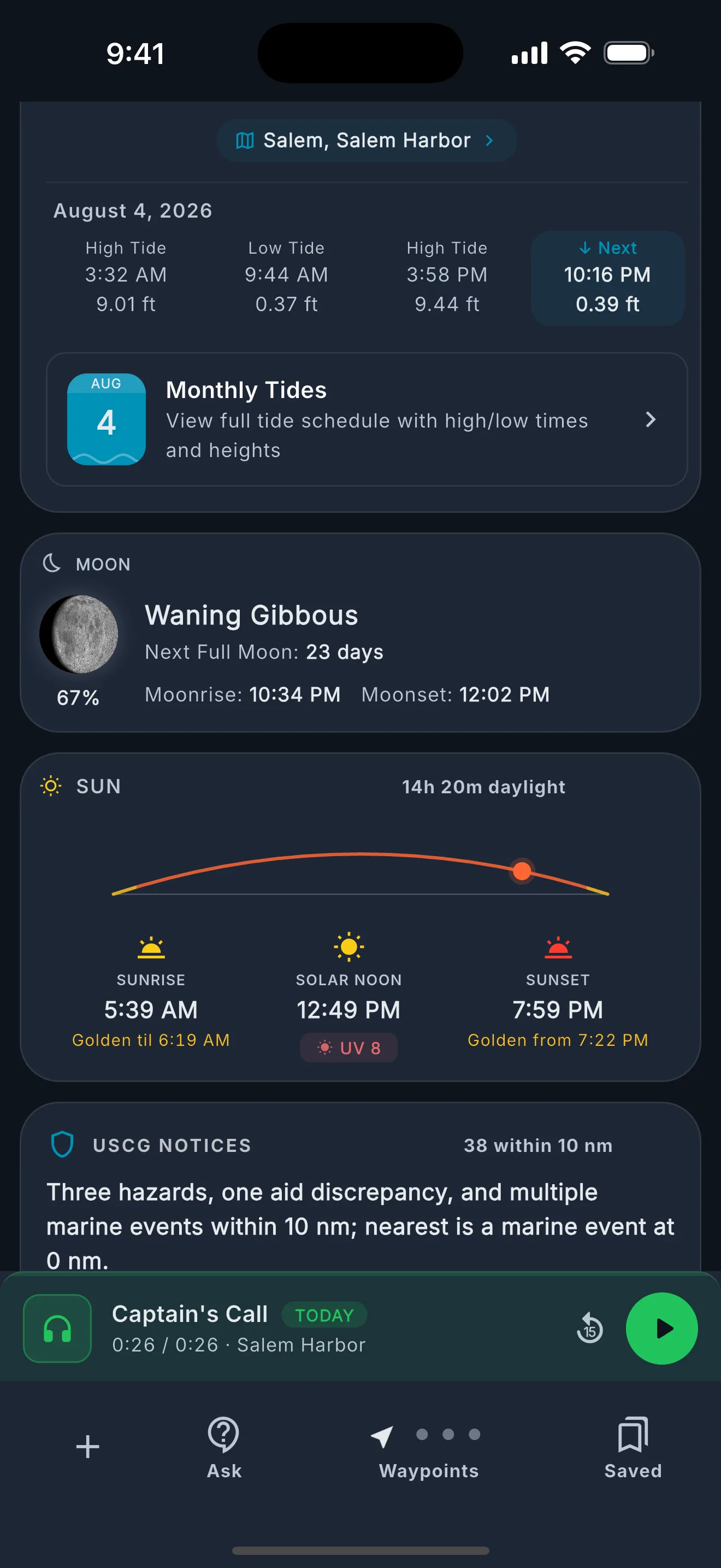 Astronomical data showing sunrise, sunset, moonrise, moonset, and moon phase.