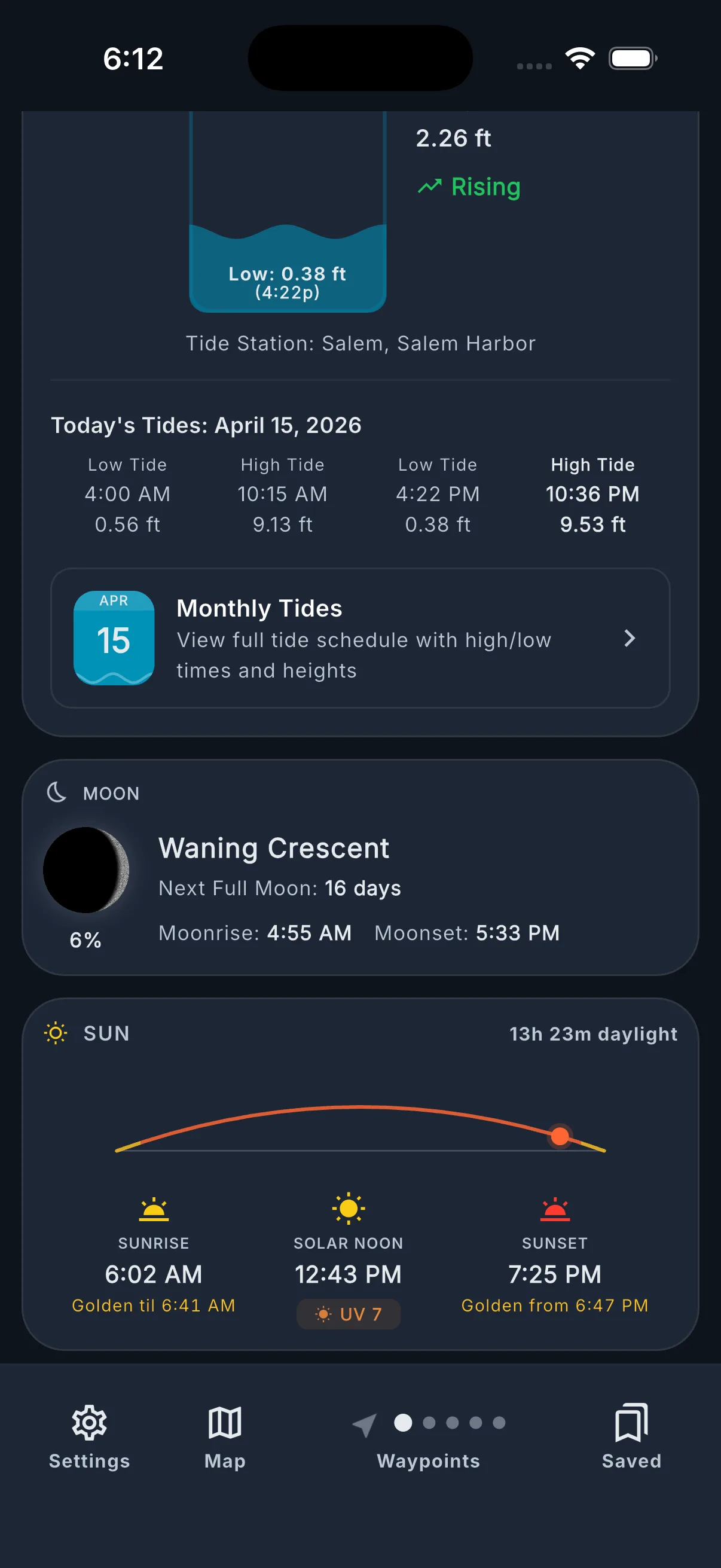 Astronomical data showing sunrise, sunset, moonrise, moonset, and moon phase.