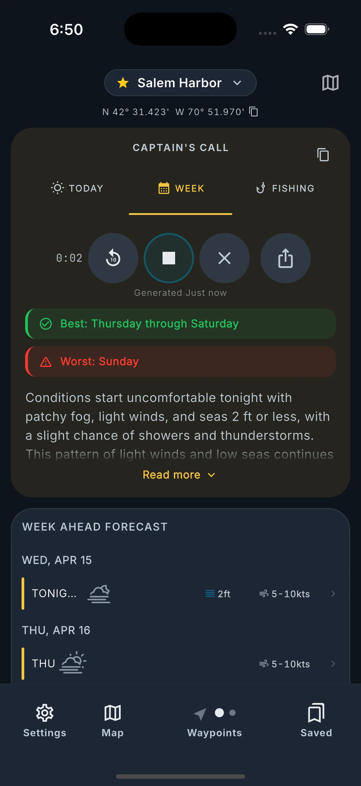 Week forecast showing daily marine conditions with safety ratings.