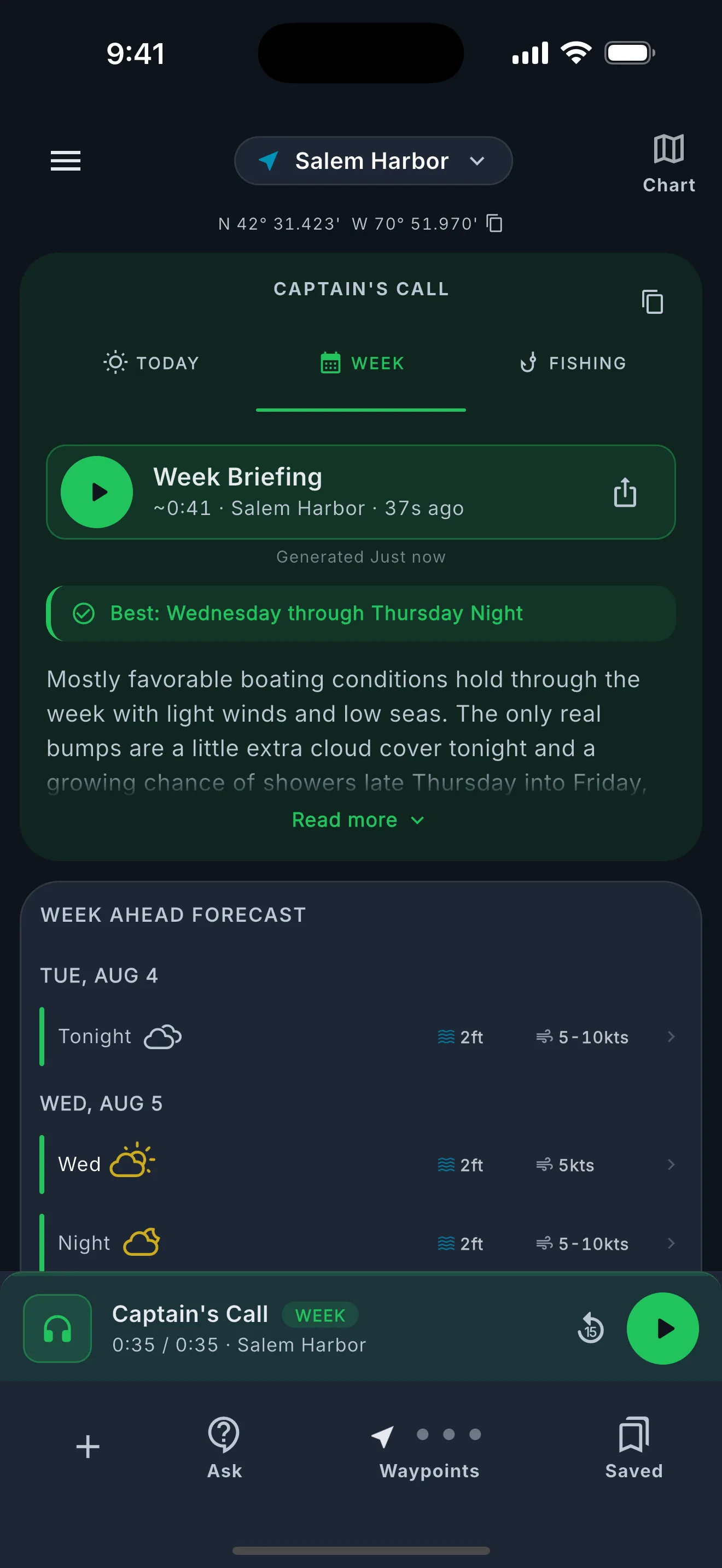 Week forecast showing daily marine conditions with safety ratings.