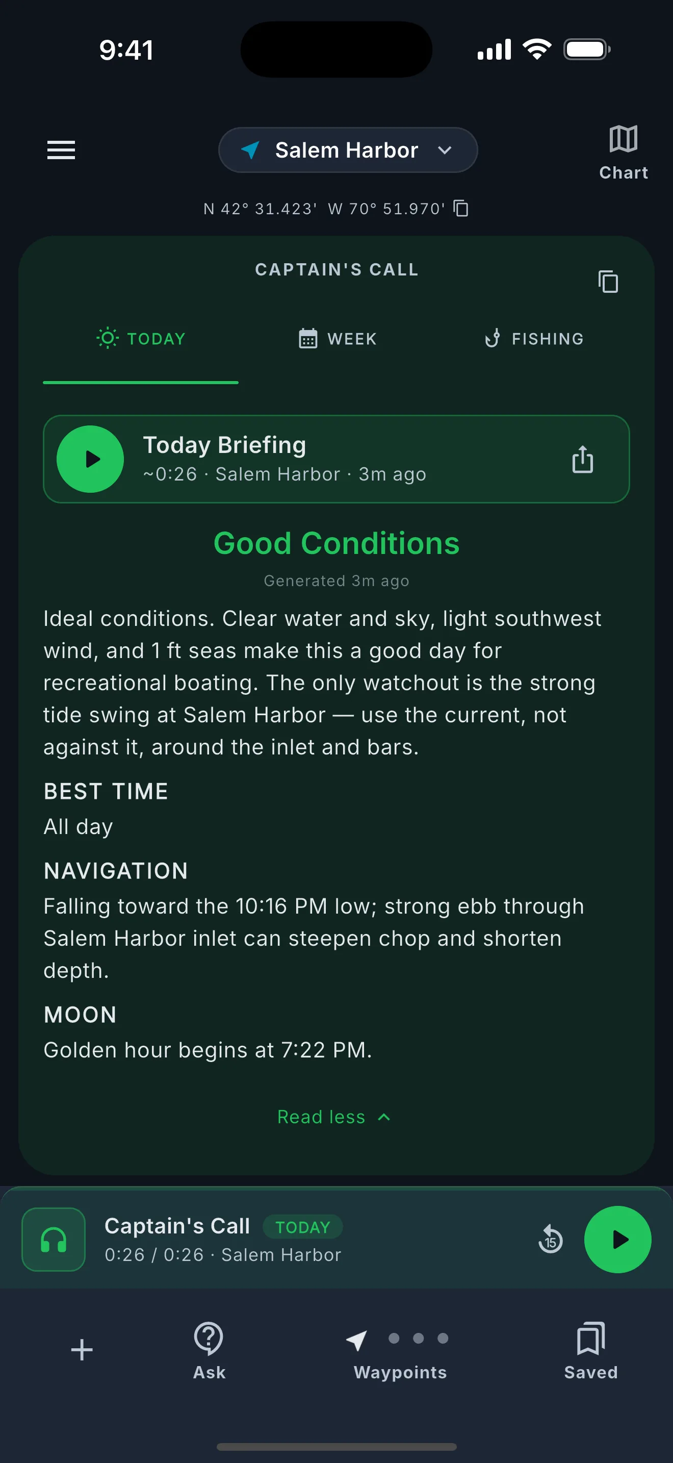 Expanded briefing showing best time, navigation, and moon notes, with the copy icon and audio share button.