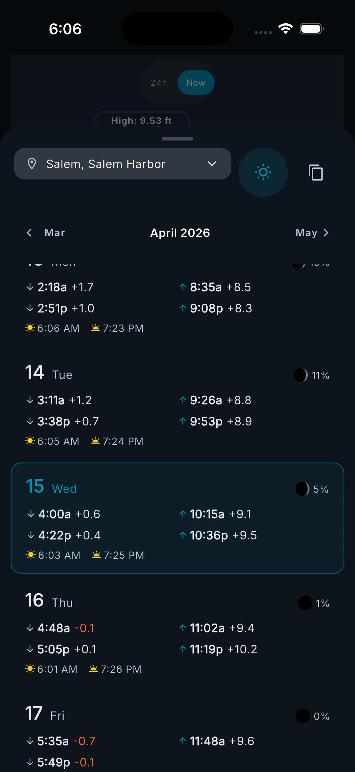 Monthly tide schedule showing daily highs, lows, moon phases, and sunrise/sunset times.