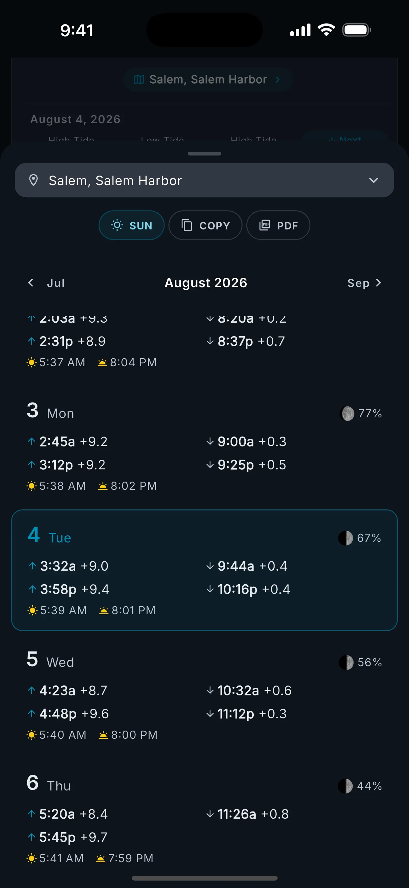 Monthly tide schedule showing daily highs, lows, moon phases, and sunrise/sunset times.