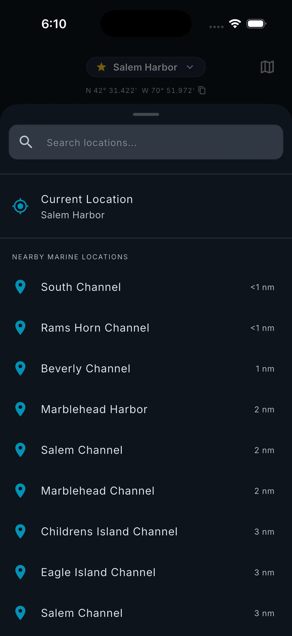 Location switcher showing nearby marine features like harbors and bays.