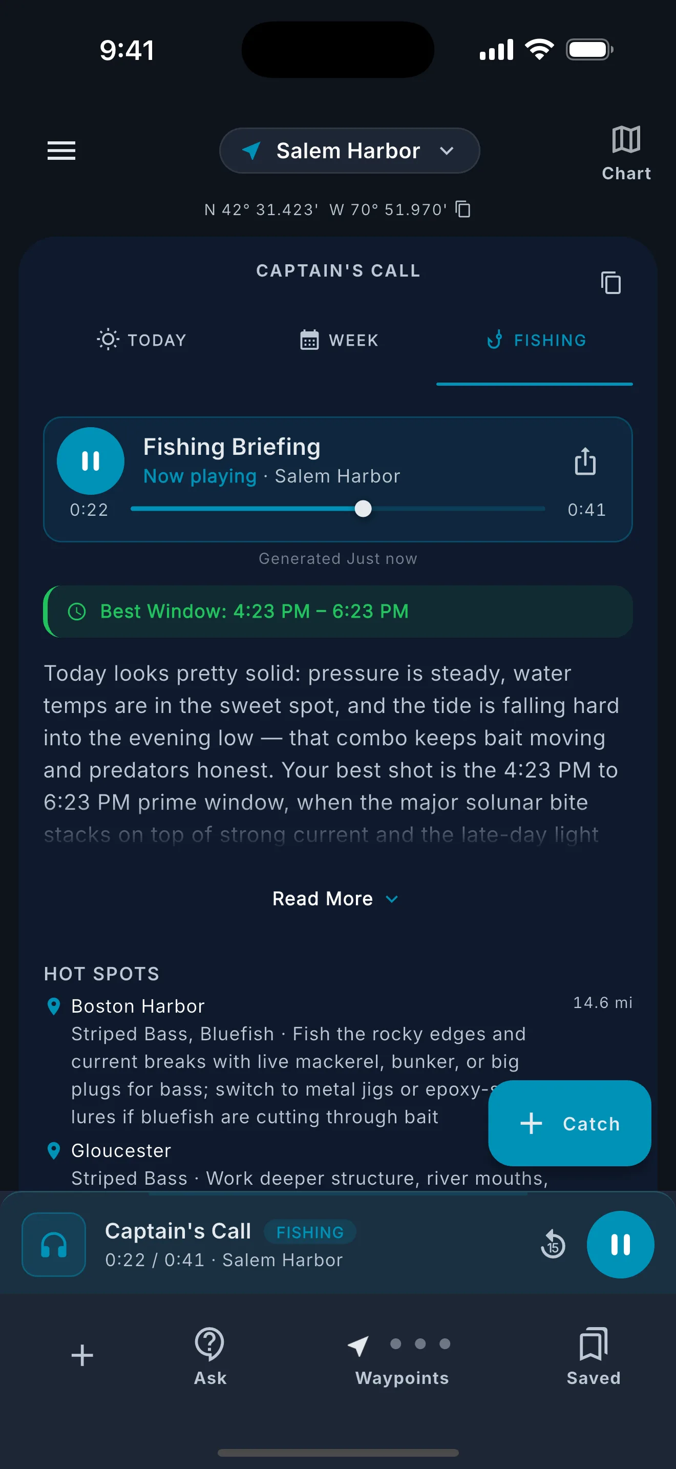Fishing tab showing briefing with target species and best fishing windows.