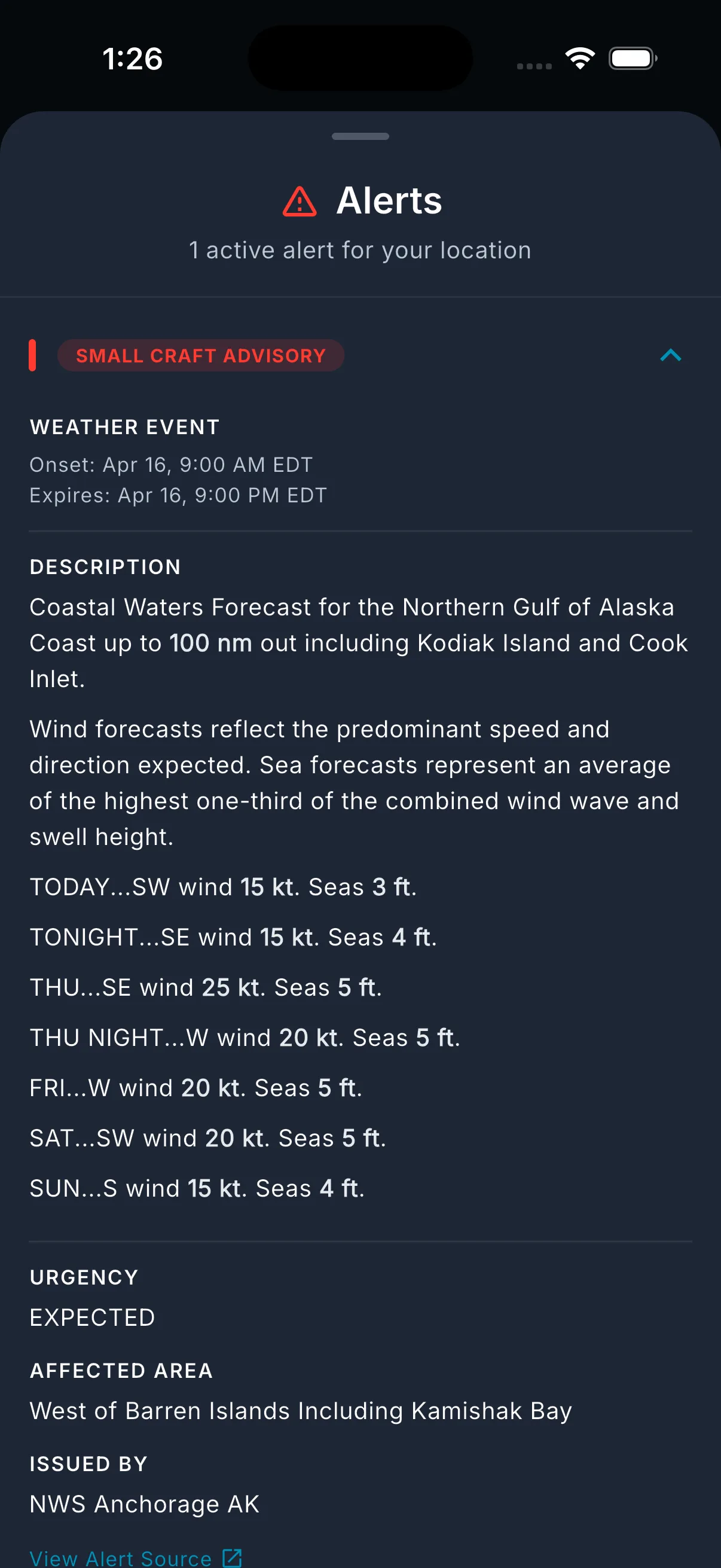 Weather alerts card listing active NWS marine advisories.