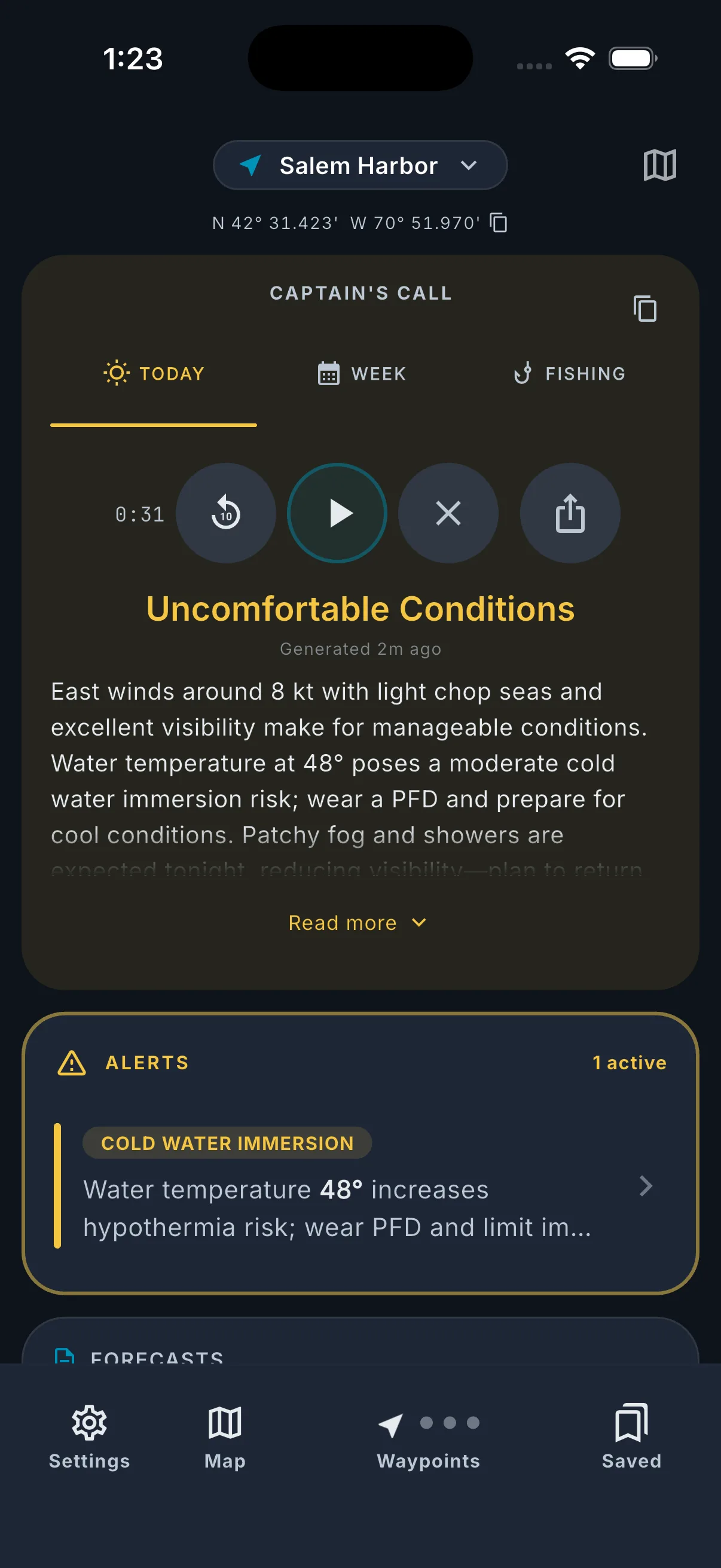 Captain's Call AI briefing with audio player and safety ring.