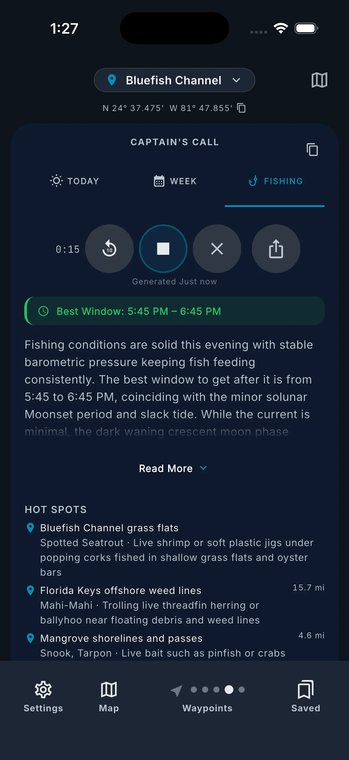 Fishing tab with target species, seasons, and size limits.