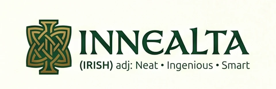 Innealta wordmark and Celtic-knot mark with the definition: Irish adjective meaning neat, ingenious, smart.