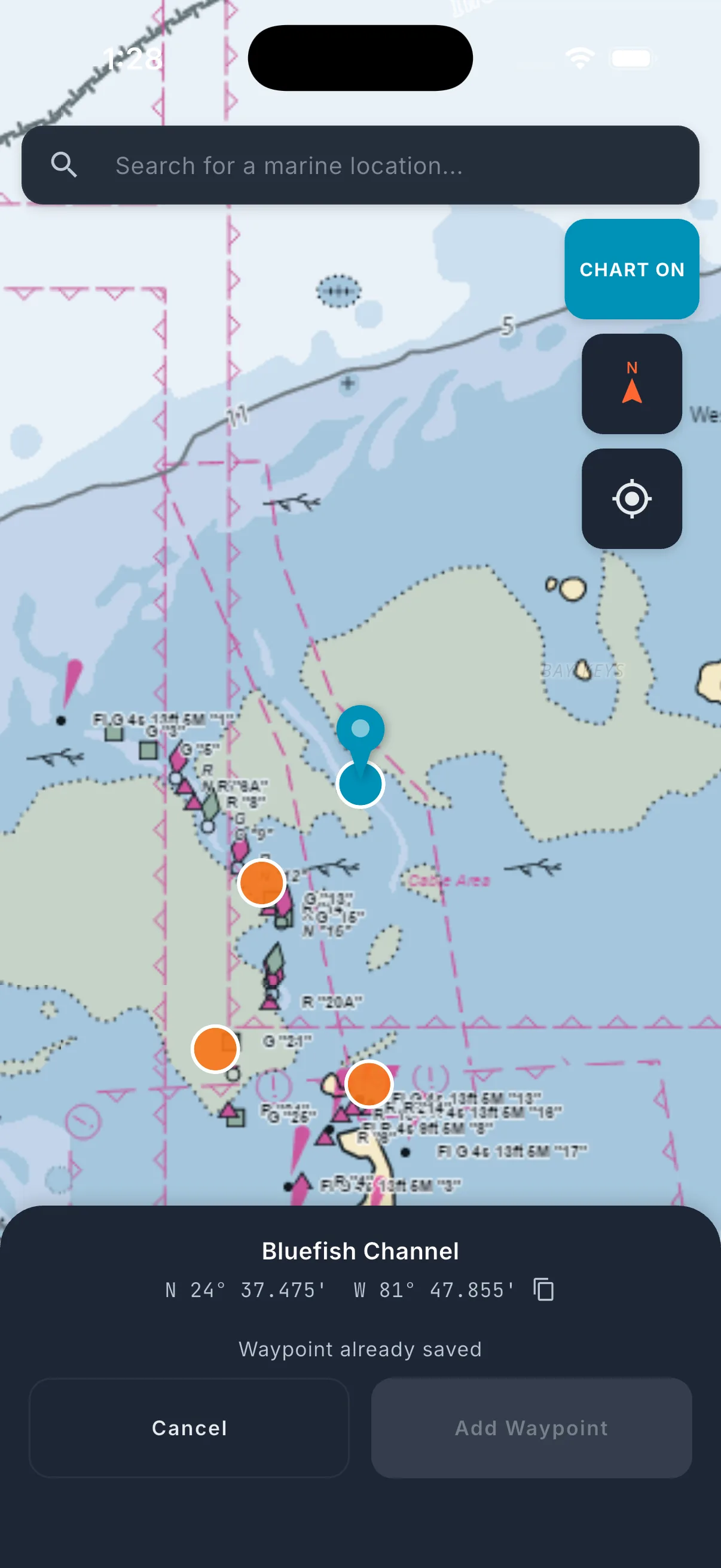 Chart map tab with NOAA ENC overlay and depth contours.