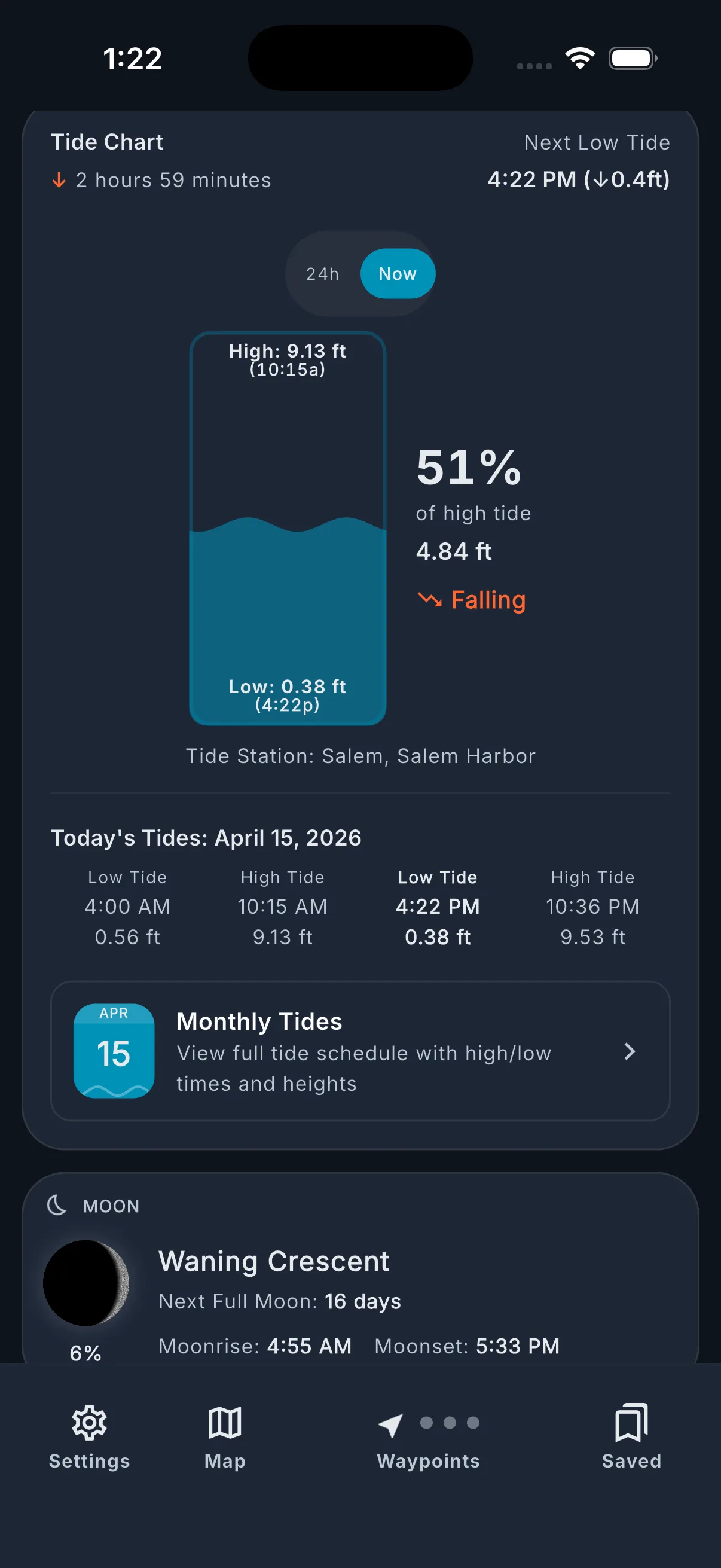 Tide chart showing 24-hour high/low curve with current time.